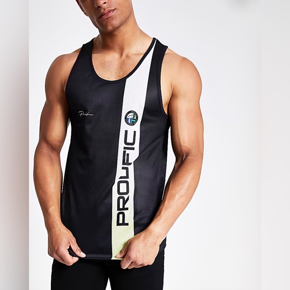 River Island Mens Black Prolific Print Slim Fit Mesh Tank Top